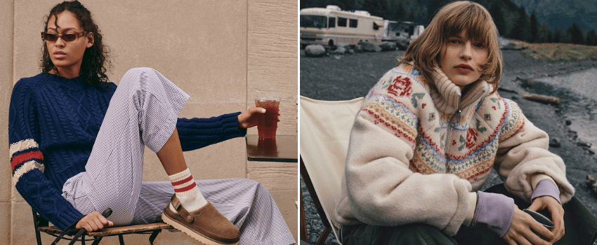 A two-image collage: each shows a woman wearing a stylish sweater from Anthropologie, available for purchase with the Anthropologie birthday discount.