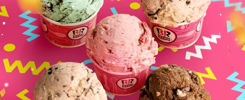 A tempting display of free ice cream cones, each with a different flavor, representing the Baskin-Robbins birthday rewards.