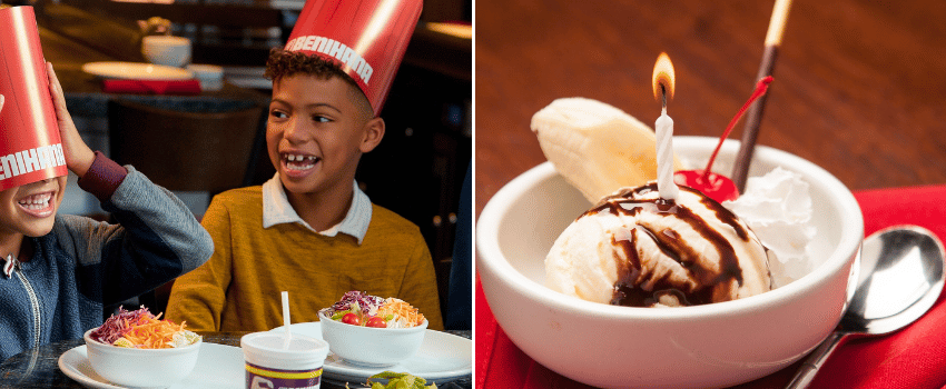 A collage of two images: the first shows kids celebrating with a Benihana birthday reward, and the second features an ice cream banana split topped with a lit candle.