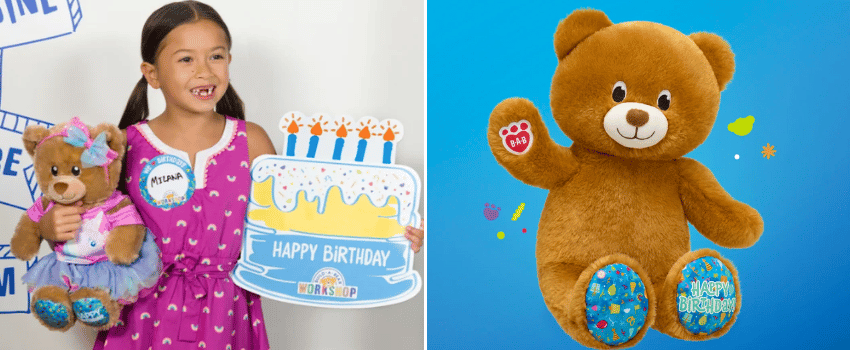 A girl holds a teddy bear, a super cute Build-A-Bear birthday offer.